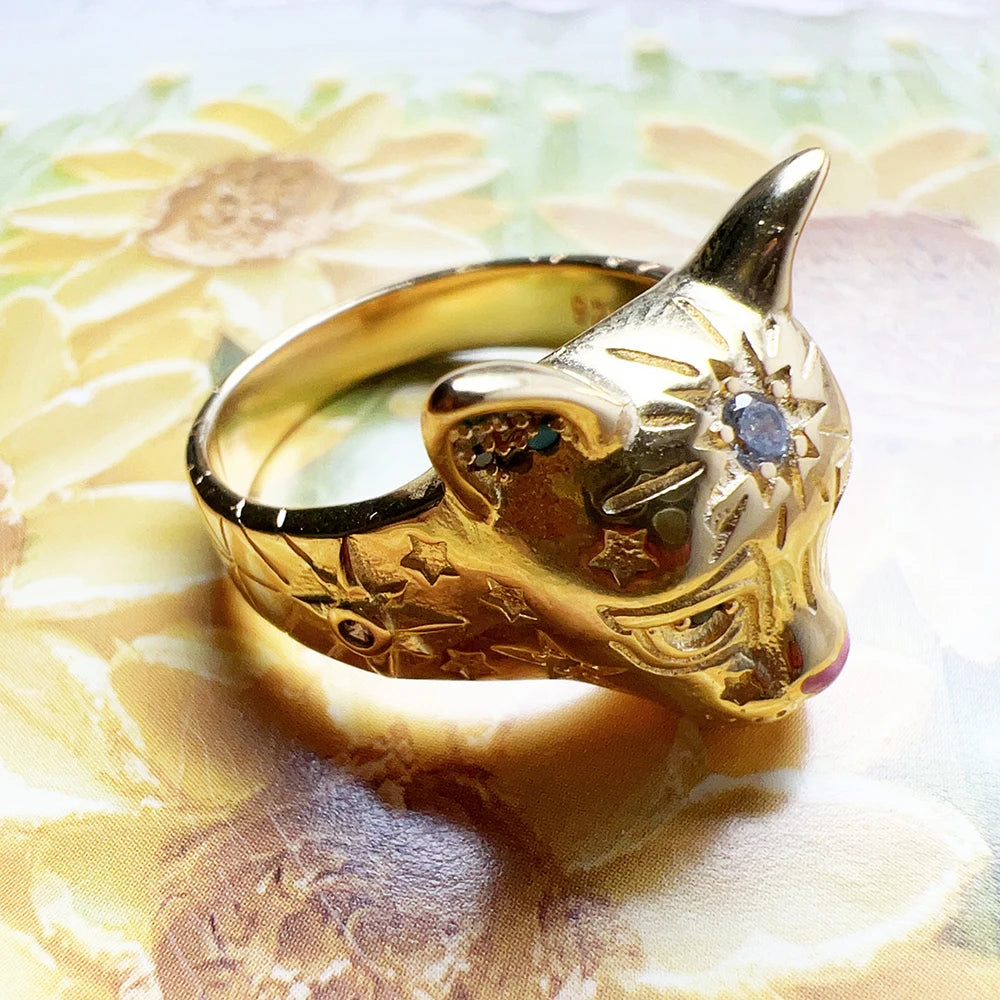 Damen-Ring Katze vergoldet Böhmen II aus Sterlingsilber