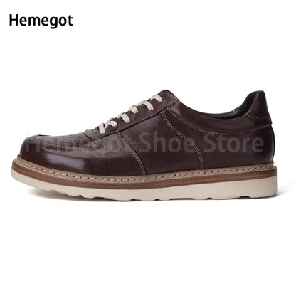 Round Toe Thick Soled Board Shoes Retro Genuine Leather Wear-Resistant Breathable Solid Color Casual Shoes Handmade Men's Shoes