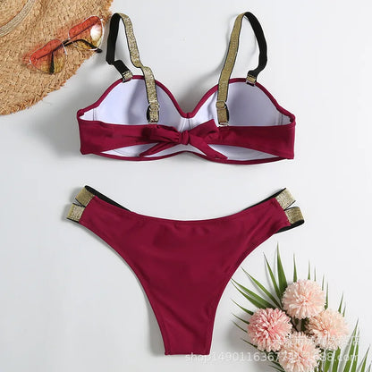 Sexy Bikini-Set in Rosenrot mit Strasssteinen – Push-Up-Badeanzug für Damen am Strand oder Pool