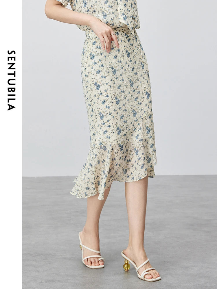 Frauen Midi-Meerjungfrauenrock im eleganten Blumen-Druck mit elastischer Taille