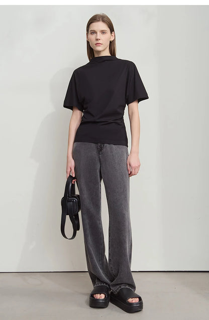 Damen T-Shirt im minimalistischen Sommer-Stil mit solidem Rollkragen und Kurzarm