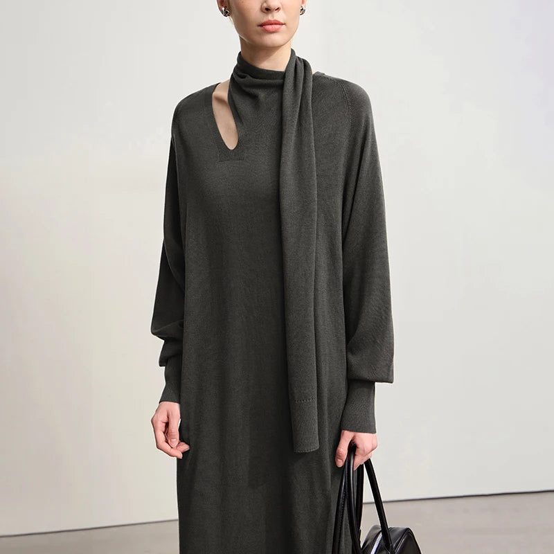 Bequemes Damen Strickkleid Lang Eleganter V-Ausschnitt Winter Fit Elastisch