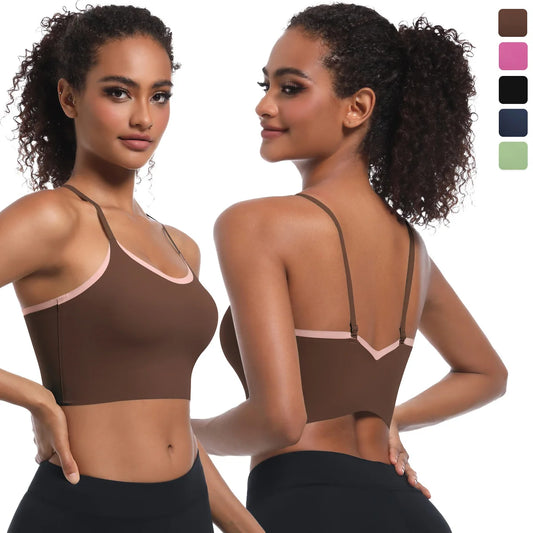 Yoga-BH mit Kreuzgurten, braunem Sporttop-Design mit Kontrastkanten an Ausschnitt und Trägern