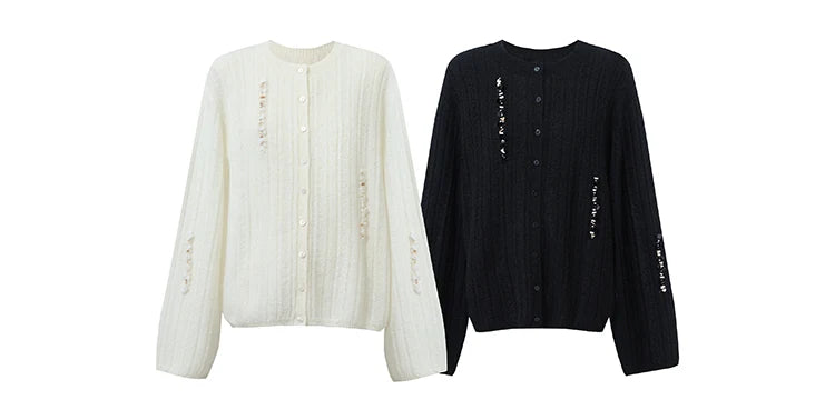 Damen-Strickjacke Rundhals Wolle locker überschnittene Schulter einreihig Frühling