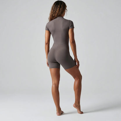 Grauer Damen-Yoga-Jumpsuit mit kurzem Ärmel und Reißverschluss, Rückansicht