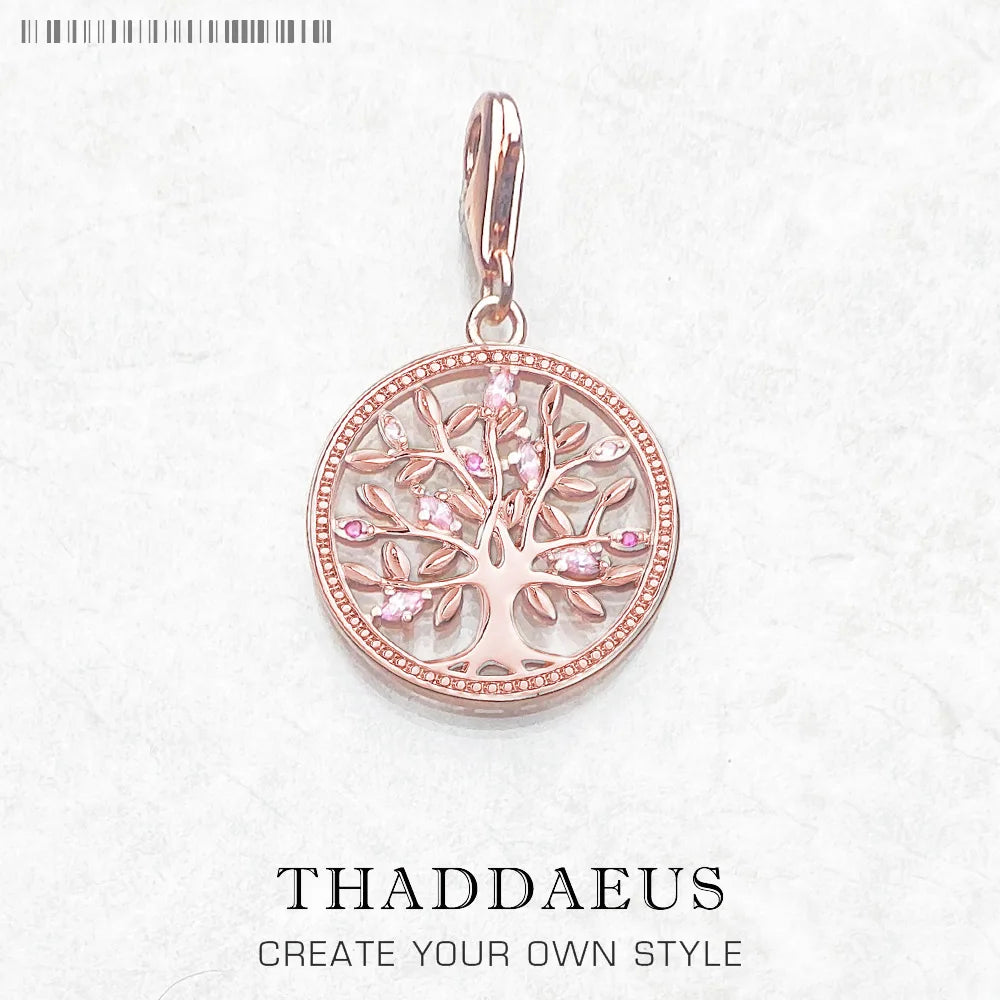 Schmuckanhänger Baum des Lebens, roséfarbenes Metall, mit lila Steinchen und Zierrand