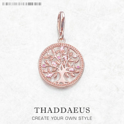 Schmuckanhänger Baum des Lebens, roséfarbenes Metall, mit lila Steinchen und Zierrand