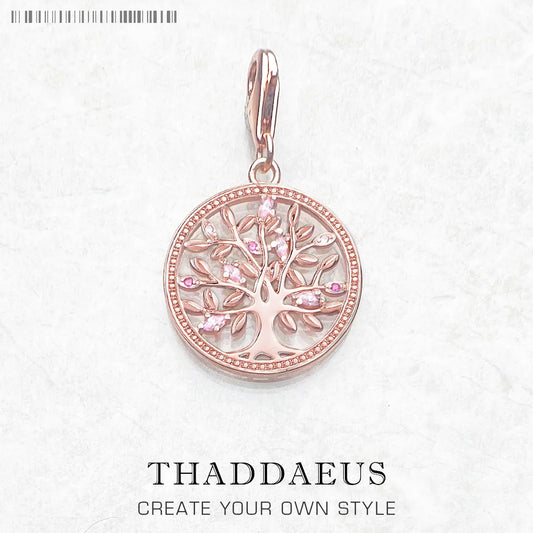Schmuckanhänger Baum des Lebens, roséfarbenes Metall, mit lila Steinchen und Zierrand