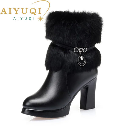 AIYUQI Women Winter Boots 2025 New Round Toe Fashion Women's Fashion Boots Natural Wool Lining Rabbit Fur Women Ankle Boots