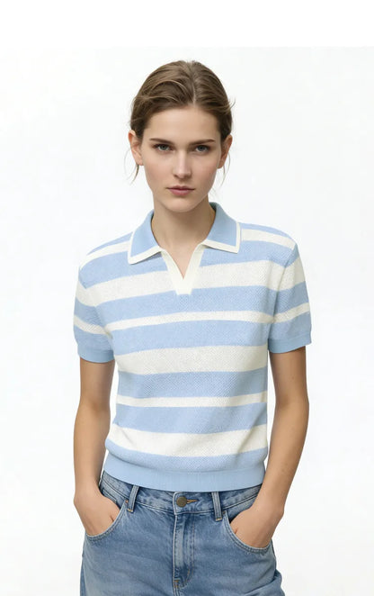 Gestreifter Damen-Strickpullover mit Polokragen, kurzarm, hellblau-weiß