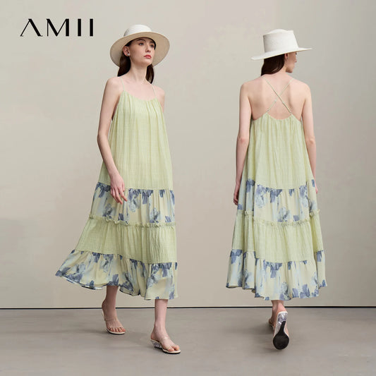 Chiffonkleid für Damen, A-Linie, hellgrün mit mehrlagigem Volant und blauem Print