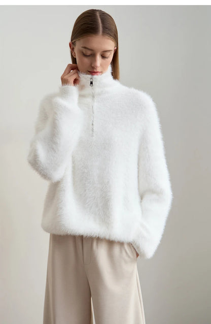 Damen-Rollkragenpullover Nerz-Imitat Reißverschluss locker dick Winter