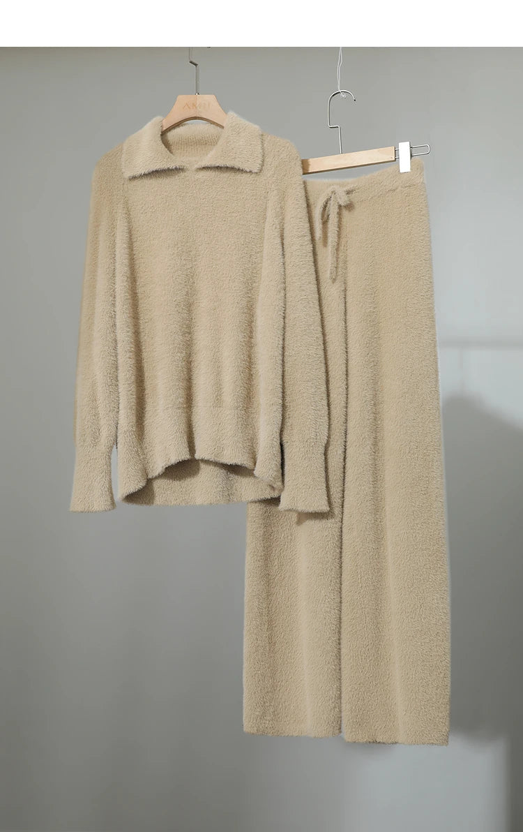 Damen-2-Teiler aus Langarm-Top und weiter Hose, taupefarben