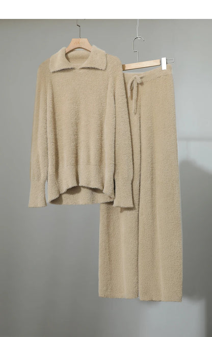 Damen-2-Teiler aus Langarm-Top und weiter Hose, taupefarben
