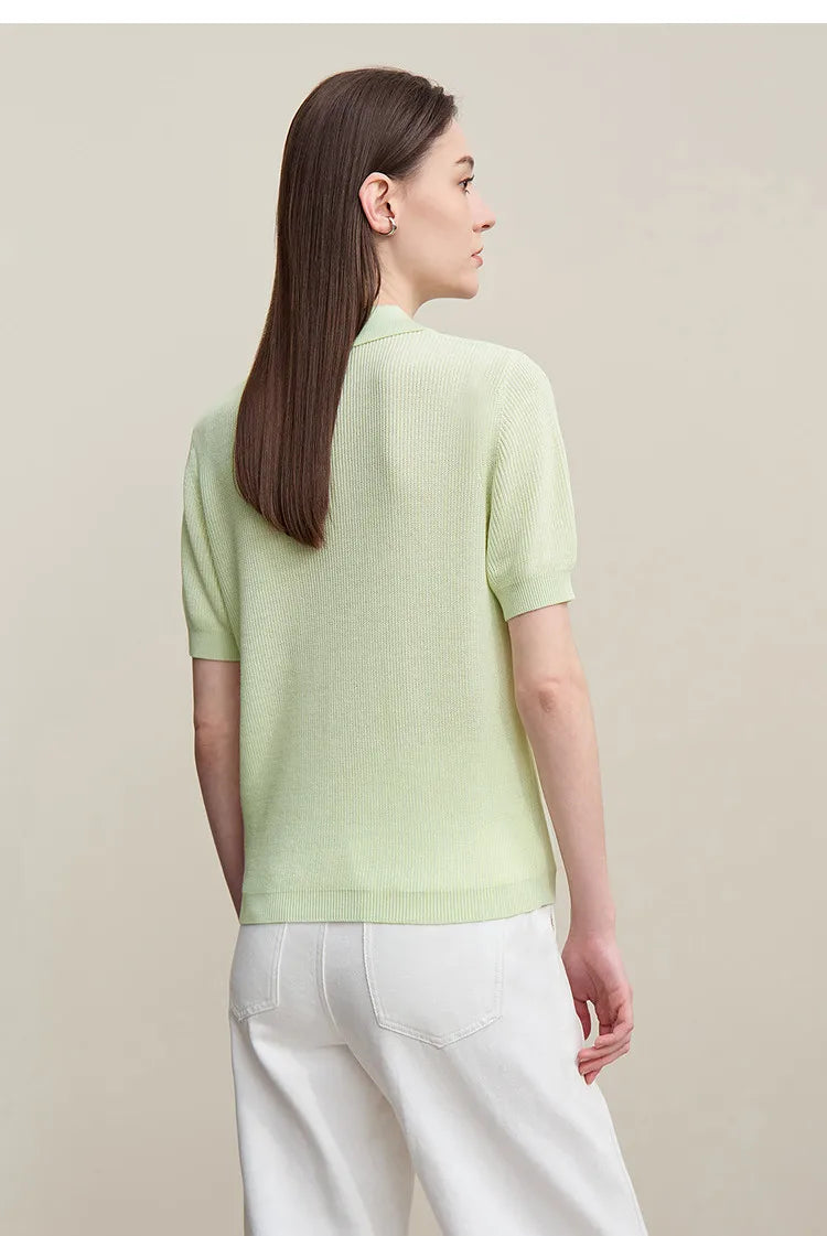Rückansicht Damen-Strickpullover mit Polokragen, Kurzarm, hellgrün