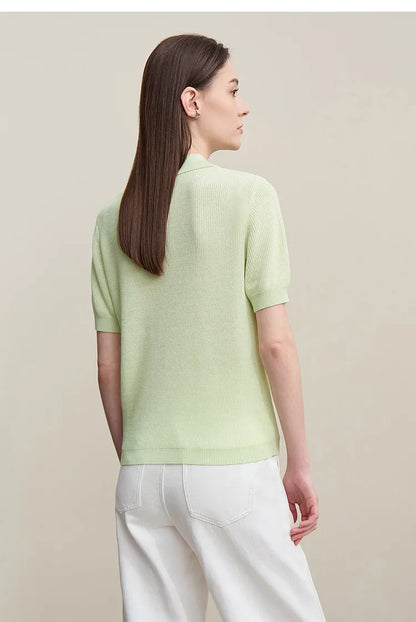 Rückansicht Damen-Strickpullover mit Polokragen, Kurzarm, hellgrün