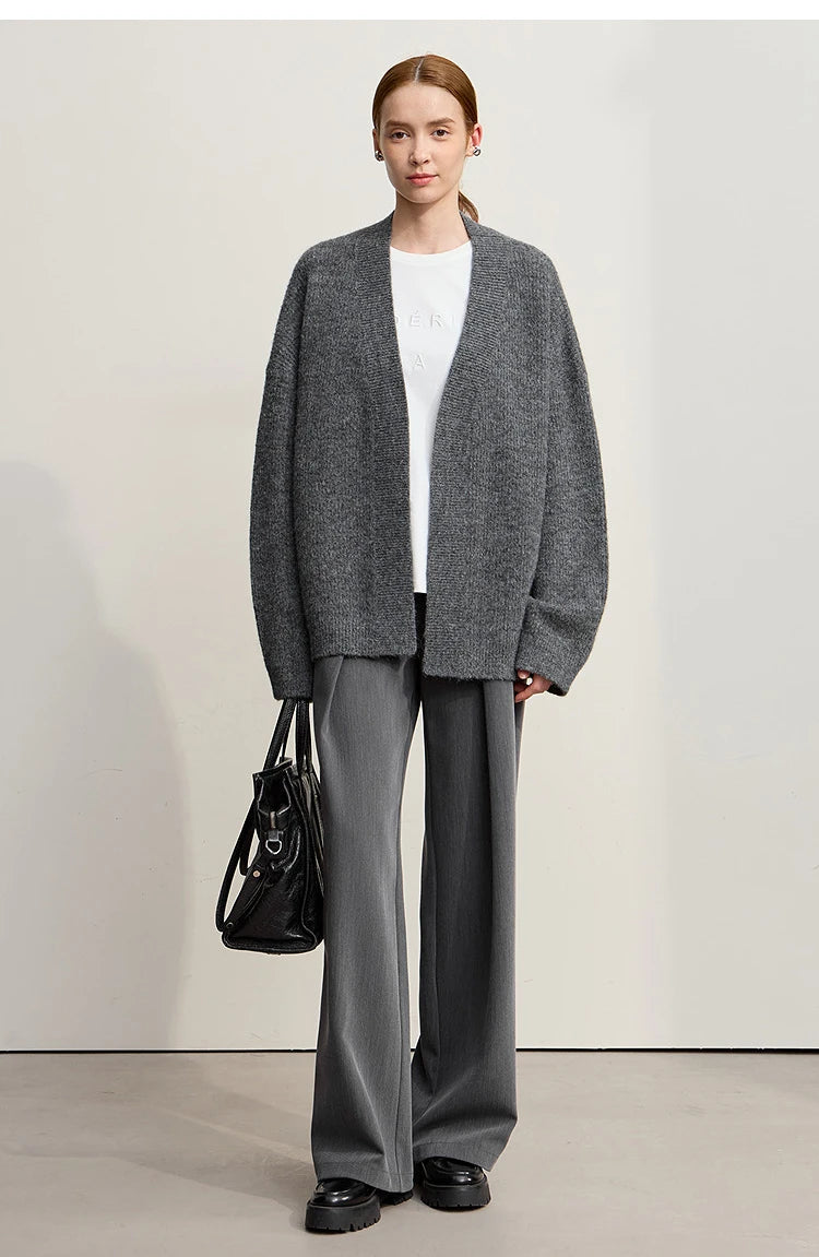 Damen V-Ausschnitt Cardigan lang Wolle-Mix offen Winter