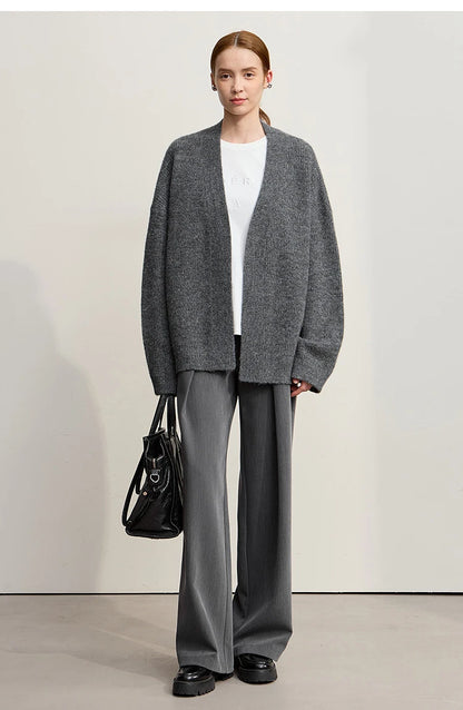 Damen V-Ausschnitt Cardigan lang Wolle-Mix offen Winter