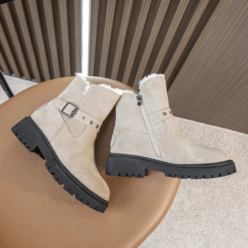 AIYUQI Women's Snow Boots Suede Genuinen Leather New Large Size Thick Warm Women Winter Boots Casual Women's Ankle Boots