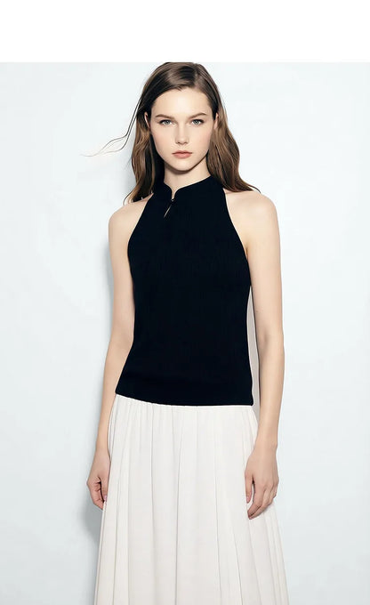 Amii Damen-Stricktop, schwarz, ärmellos mit Stehkragen und Froschknopf