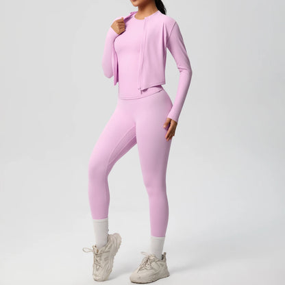 Damen-Yoga-Set in Lila: High-Waist Leggings und langärmliges Top mit Reißverschluss