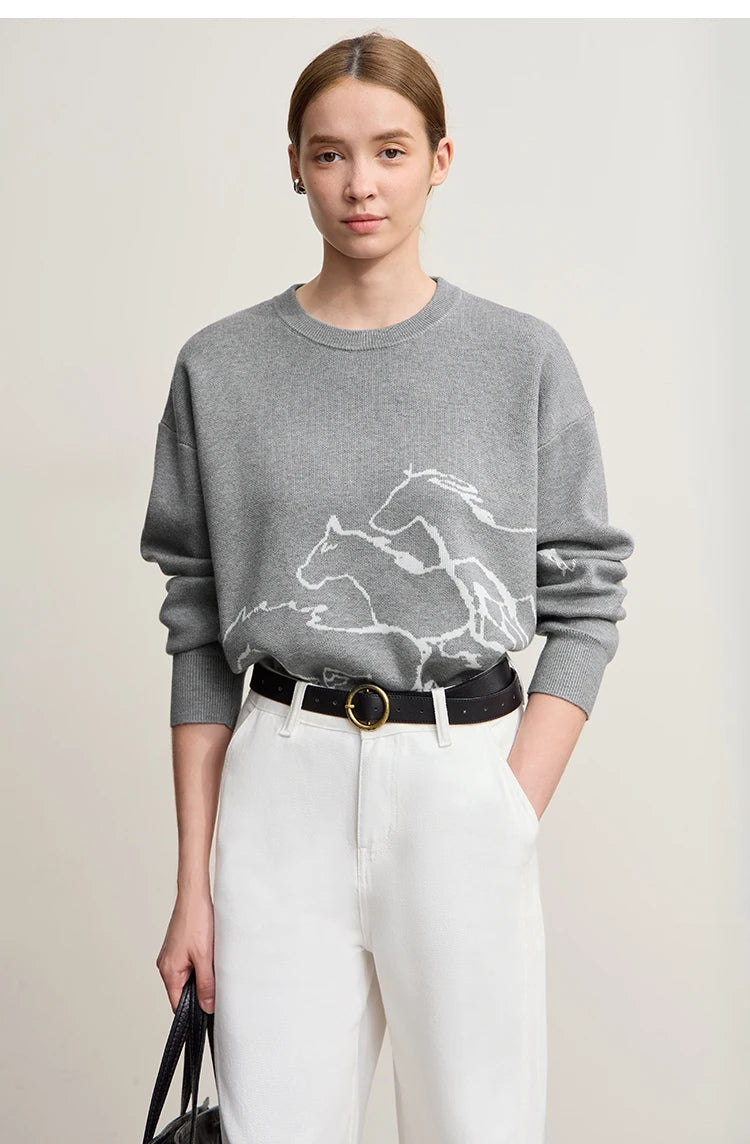 Damen-Rundhalspullover Tier-Jacquard locker Langarm Winter