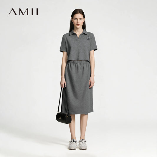 Damen-Polokleid aus grauem Jersey mit kurzem Arm, Kragen und elastischer Taille