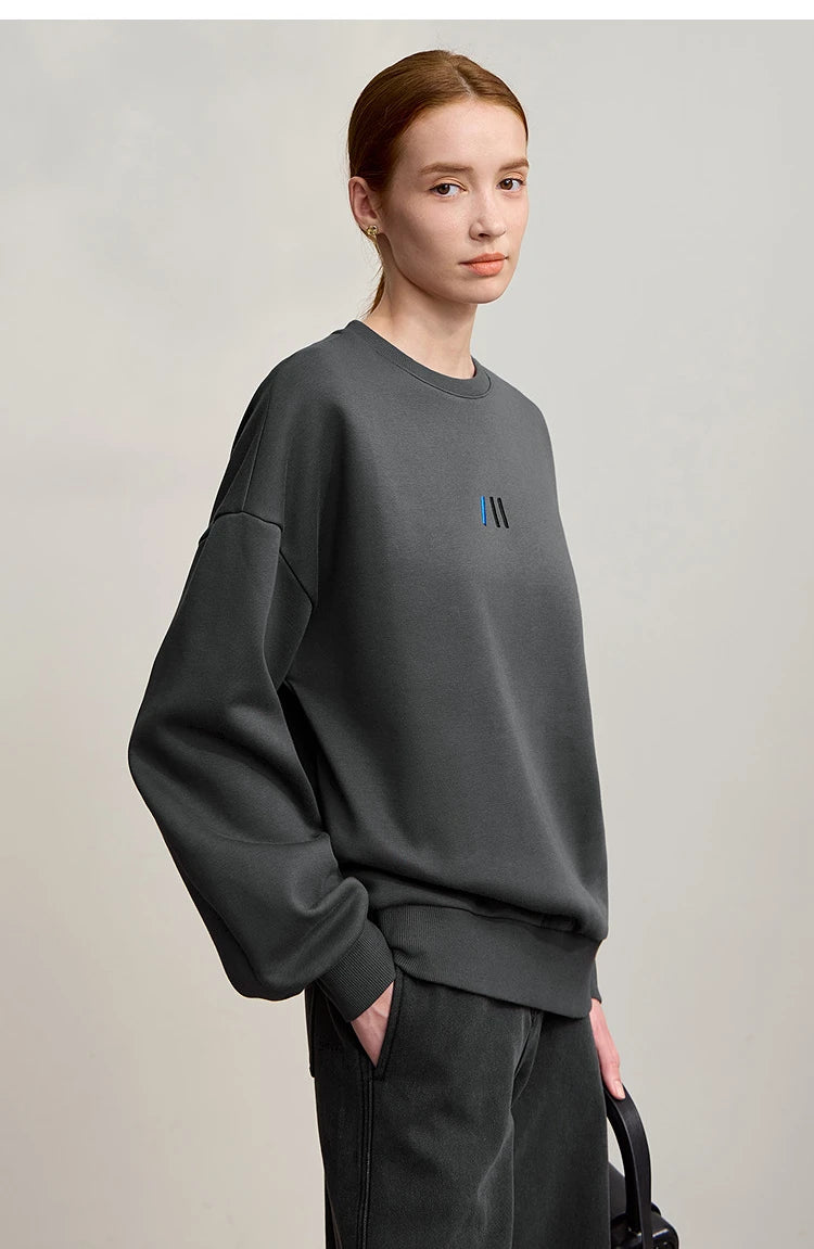Damen-Rundhals-Sweatshirt Stickerei Kunstfell warm locker Winter