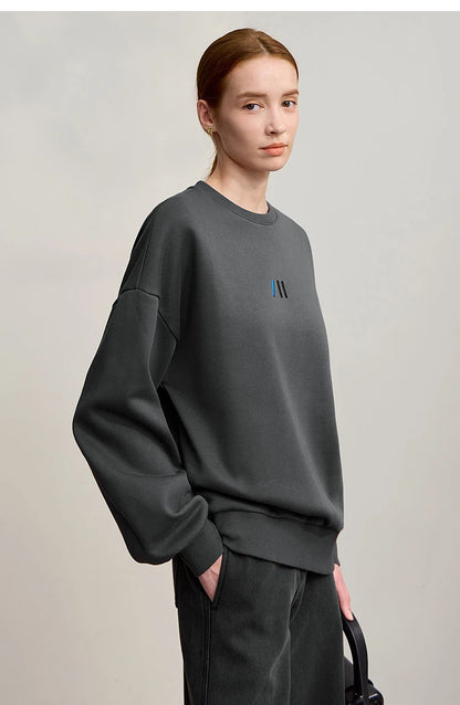 Damen-Rundhals-Sweatshirt Stickerei Kunstfell warm locker Winter