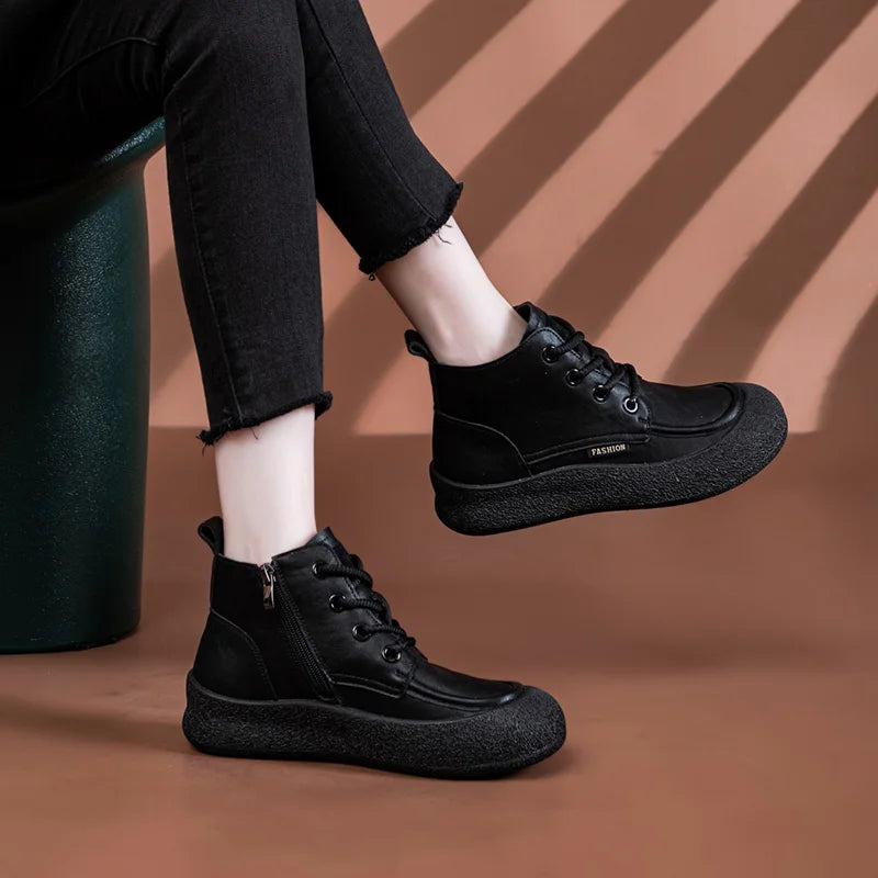AIYUQI Damen-Stiefeletten, schwarz, rundem Zehenbereich, Schnürung, flache Profilsohle