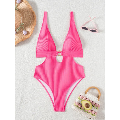 Damen Badeanzug tiefer V-Ausschnitt Cut-Out Monokini hoher Beinausschnitt 8 Farben