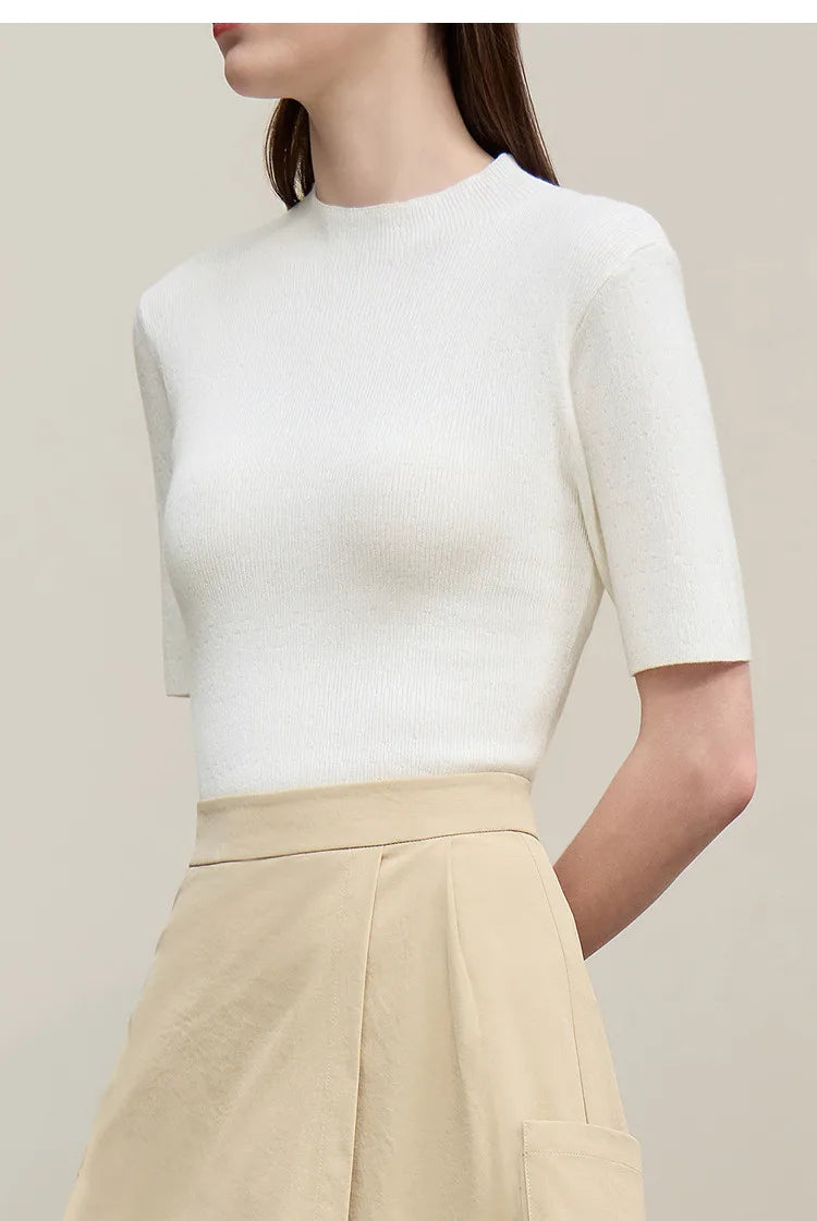 Damen-Strickpullover, weißer Mock Neck mit kurzem Ärmel