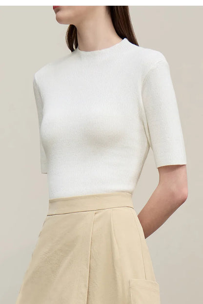 Damen-Strickpullover, weißer Mock Neck mit kurzem Ärmel