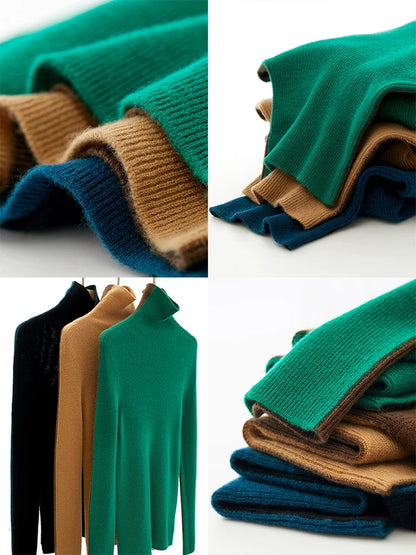 Damen-Rollkragenpullover 100 % Wolle Farbkontrast Slim Fit Frühling