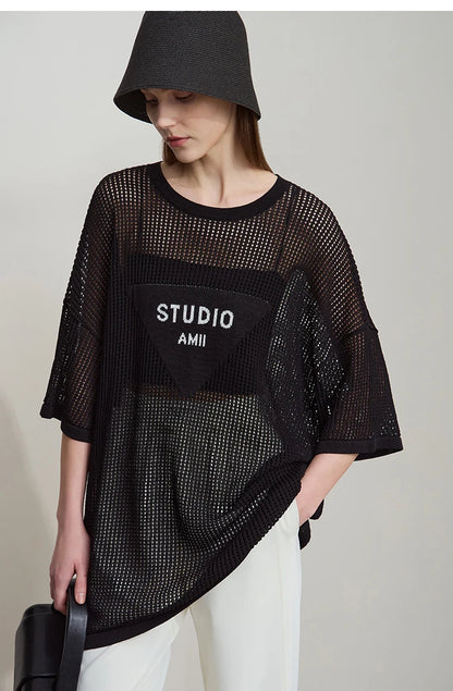 Damen-Rundhalspullover Buchstaben-Jacquard Halbarm locker Sommer