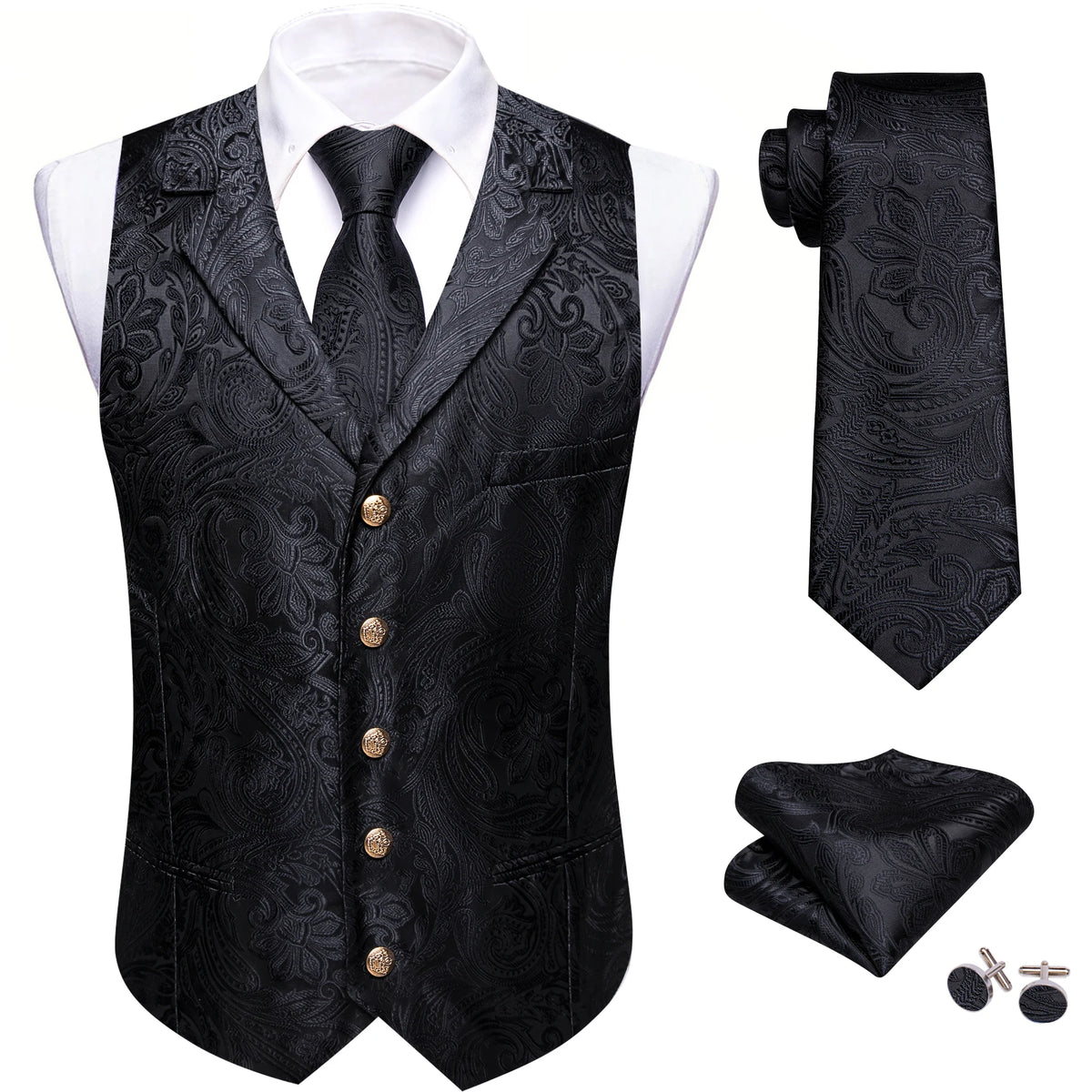 Jacquard-Herrenweste mit Paisley, schwarz, V-Ausschnitt, Knöpfe, Einstecktuch