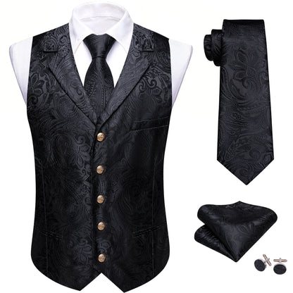 Jacquard-Herrenweste mit Paisley, schwarz, V-Ausschnitt, Knöpfe, Einstecktuch