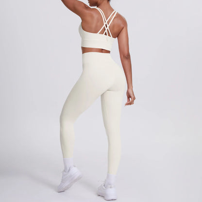 Yoga-Set mit High-Waist-Fitnesshose in hellem Ivory, mit Sport-BH