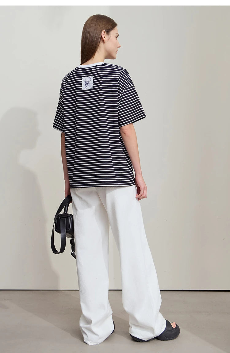 Damen T-Shirt aus reiner Baumwolle mit lässigem Streifenmuster und kurzen Ärmeln