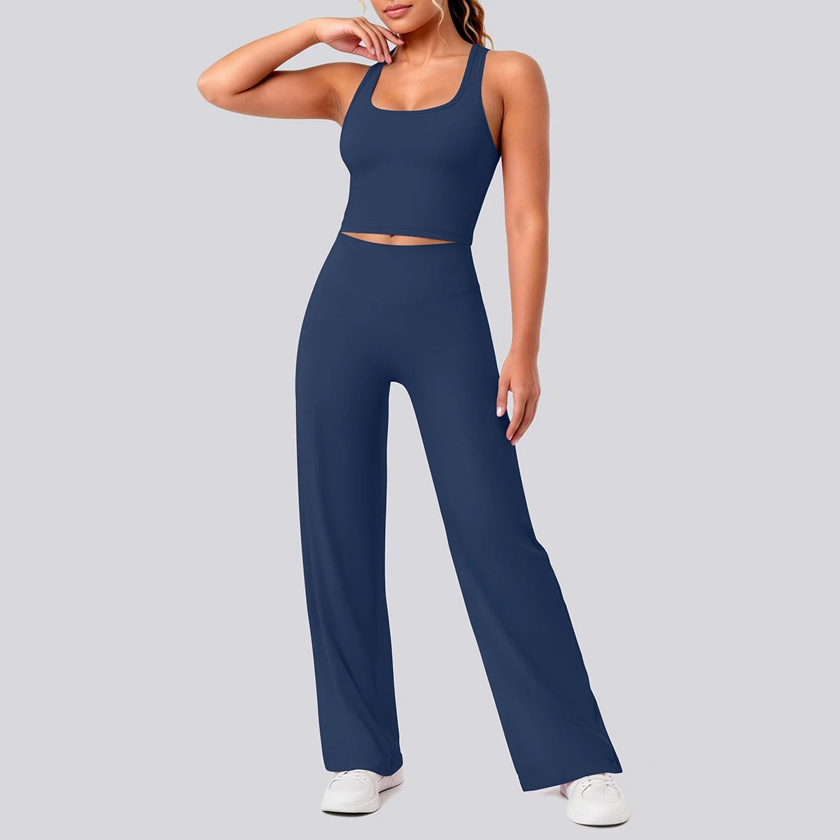 Damen-Yoga-Set in Navy: Träger-Top mit Rundhalsausschnitt, lange weite Hose