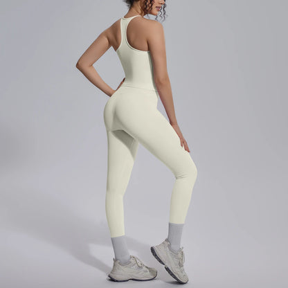 Damen-Yoga-Set mit Leggings, cremeweiß, Rückenansicht, enger Sitz