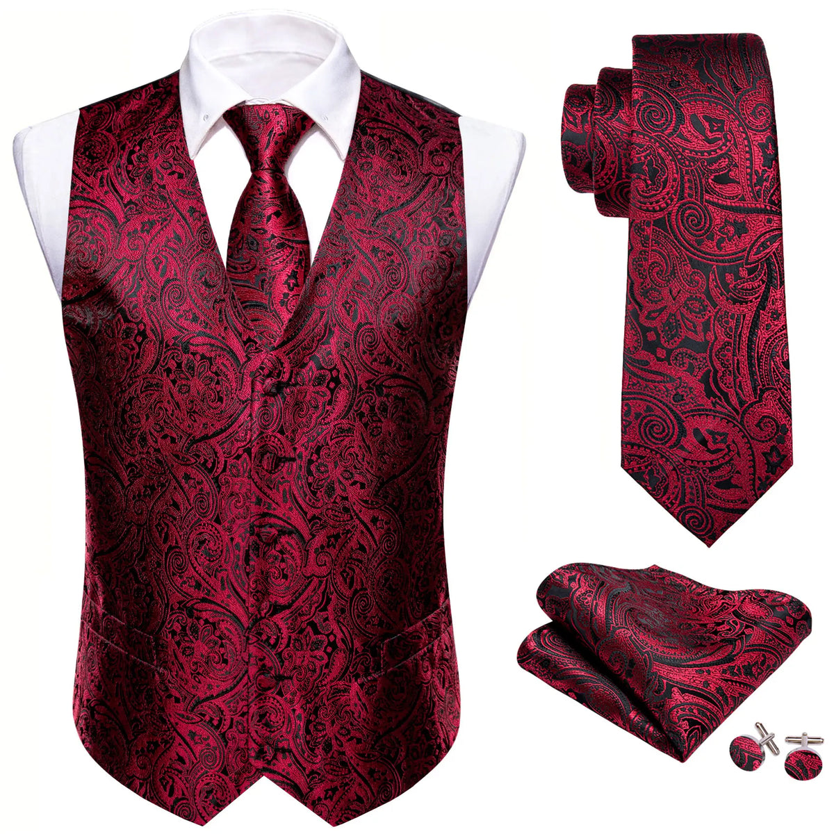 Rote Herrenweste aus Seide mit Paisley-Muster, Knopfleiste und passender Krawatte