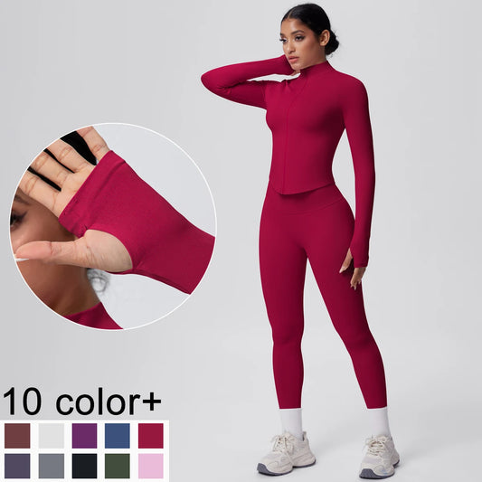 Yoga-Set mit hoher Taille, langärmelig, dunkelrot; Shirt und Leggings im Set