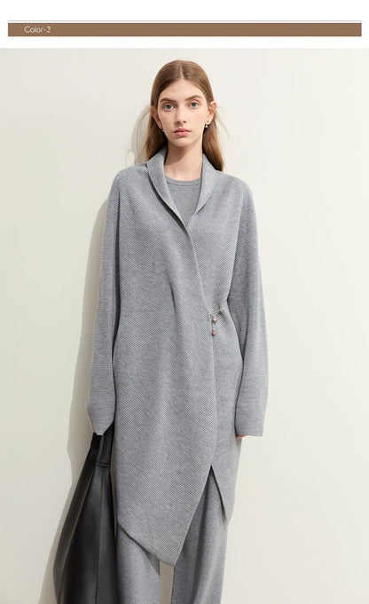 Damen-Strickjacke Wolle Umlegekragen lang locker Tasche Herbst