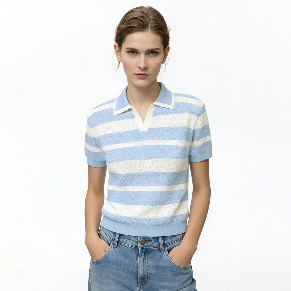 Damen-Polopullover aus Strick, blau-weiß gestreift, Polokragen, kurze Ärmel