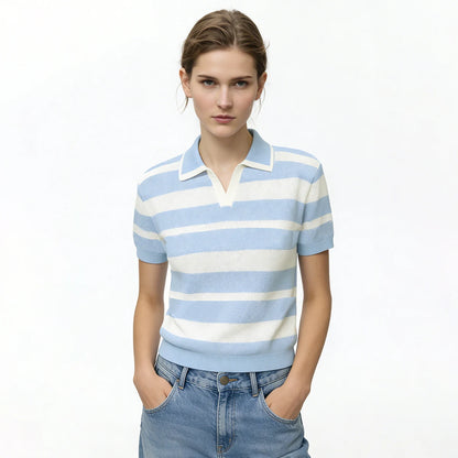 Damen-Polopullover aus Strick, blau-weiß gestreift, Polokragen, kurze Ärmel