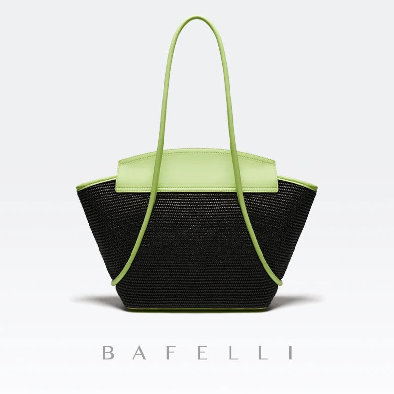 Tote Bag mit breitem Limettengrün-Lederband und schwarzem Textil, lange Tragegriffe