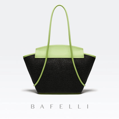 Tote Bag mit breitem Limettengrün-Lederband und schwarzem Textil, lange Tragegriffe
