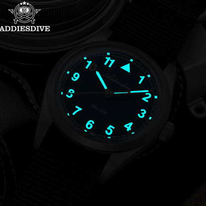 Herren Retro-Quarzuhr 36mm K1 Mineralglas Edelstahl 100m Nachtleuchtzeiger Nylon