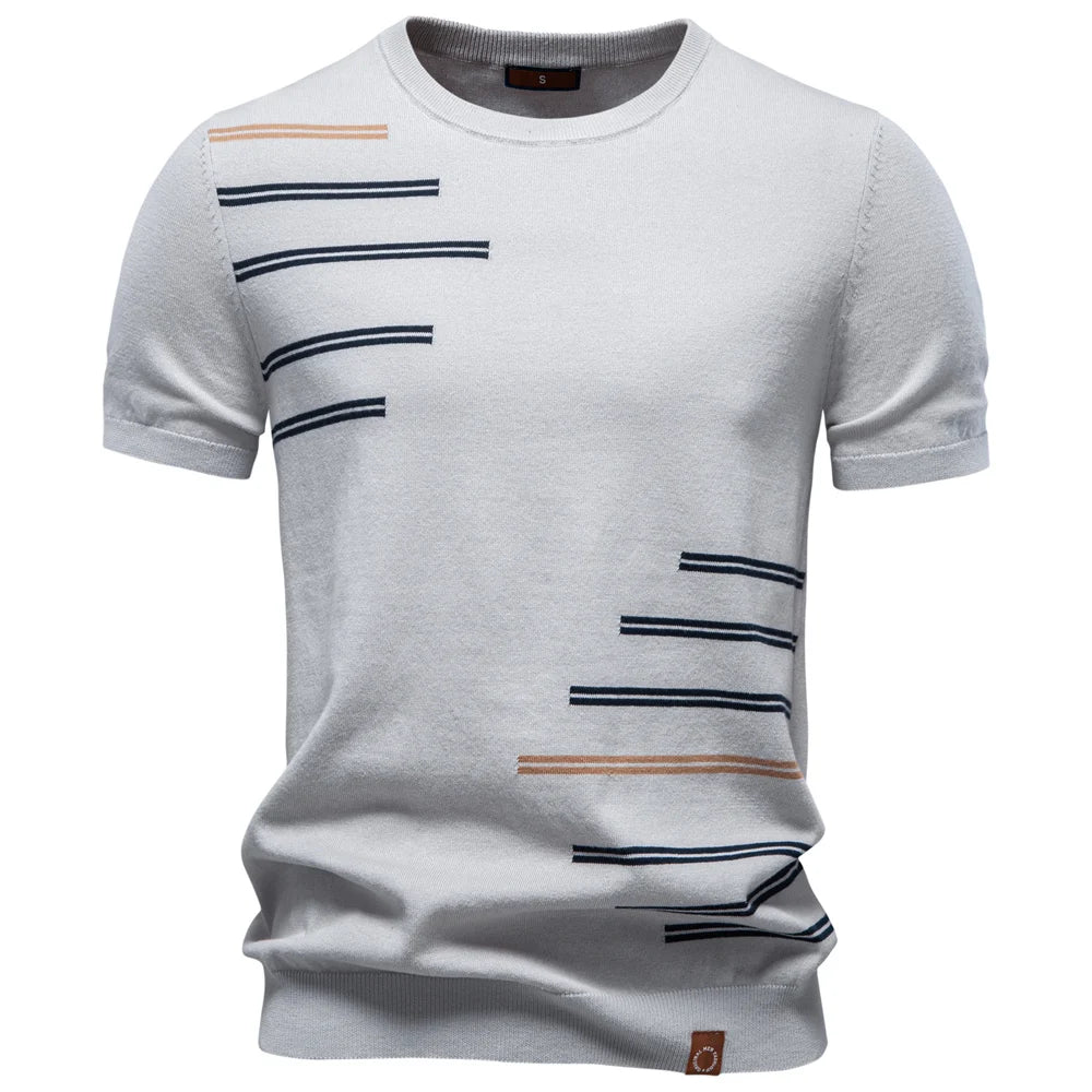 Herren T-Shirt Rundhals, hellgrau-weiß, Streifenmuster vorn in Blau/Orange/Grün